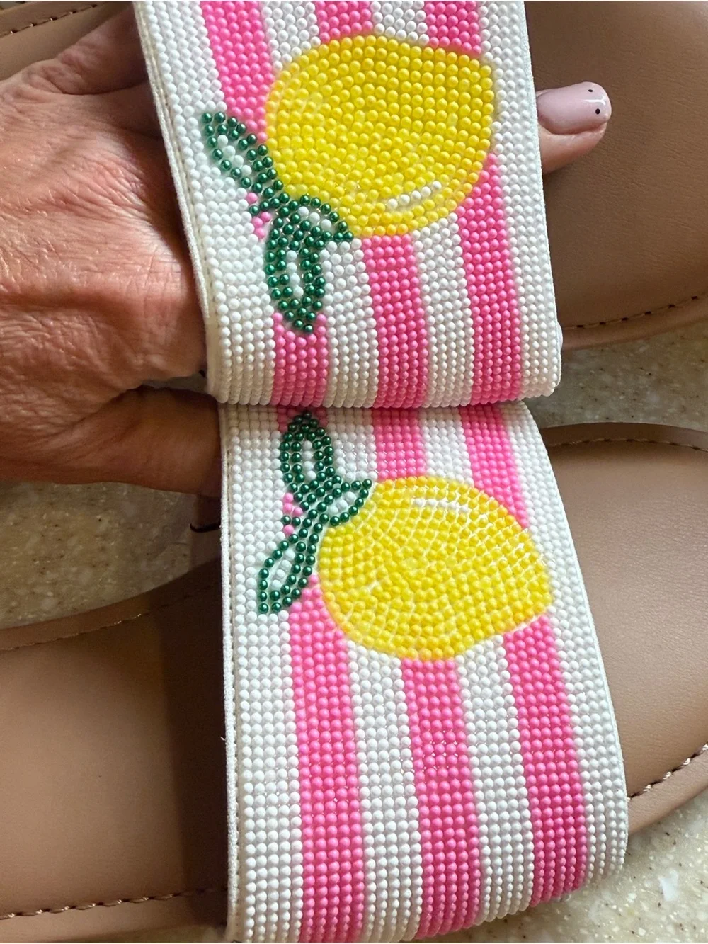 No Boundaries Pink & White Beaded Slide Sandals with Yellow Lemon Women’s Sz 11